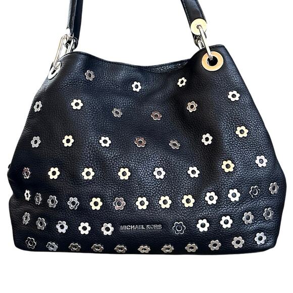 Michael Kors Black Leather Raven Silver Flower Stud Large Shoulder Tote Purse - Picture 4 of 16